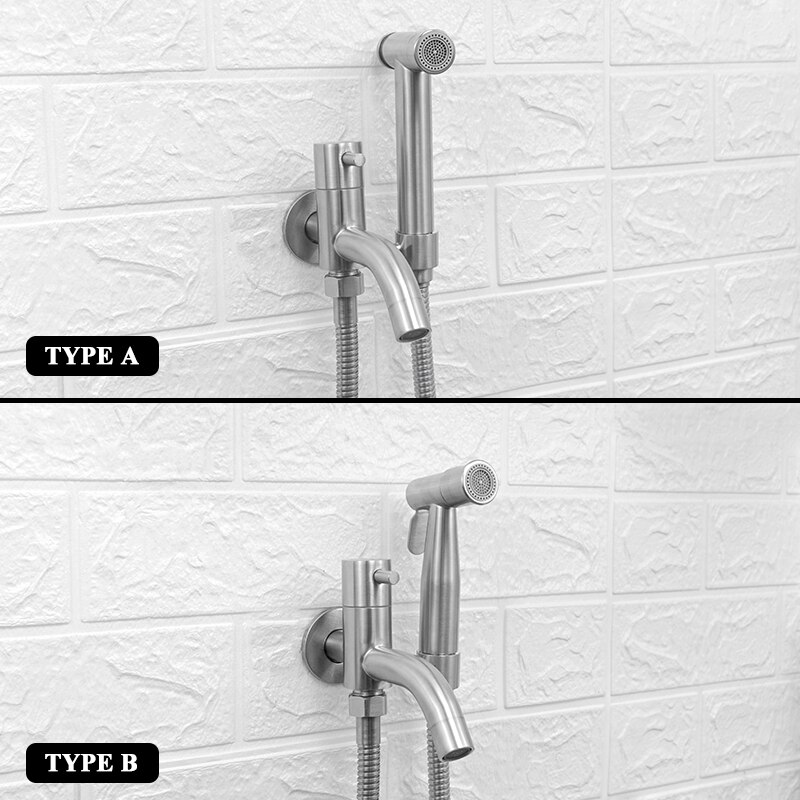 Toilet Bidet Tap Faucet Brushed Stainless Steel Portable Shower Bathroom Bidet Wall Mounted Mop Washer Tap with Shattaf Holder