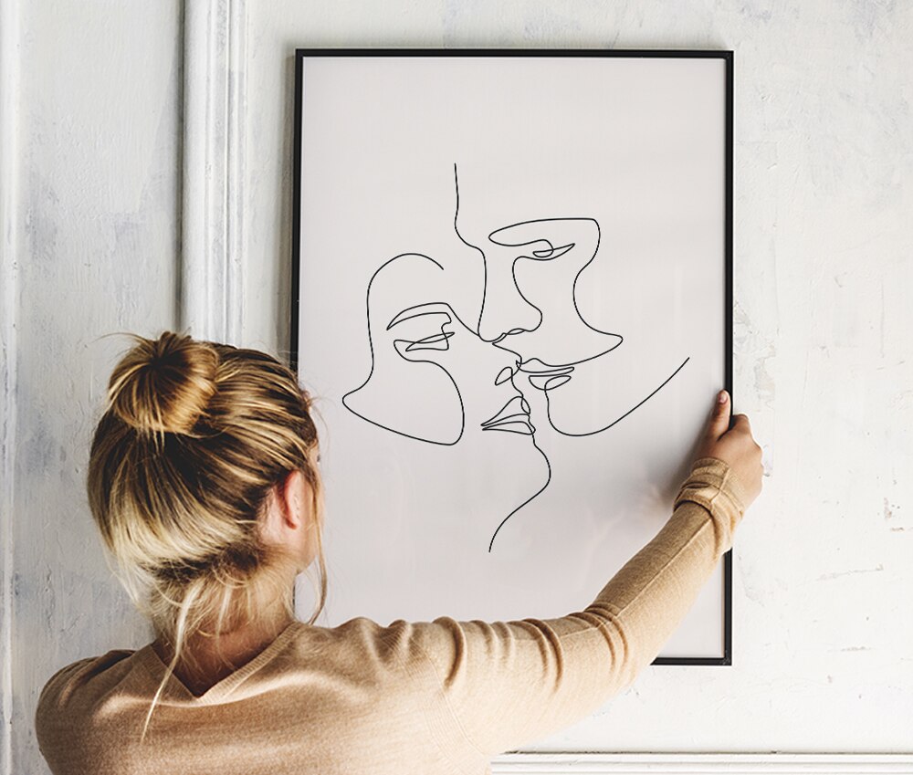 One Line Art Couple,Single Line Drawing Couples , Minimalist Face Line Art Above Bed Art Kiss Printable For Bedroom