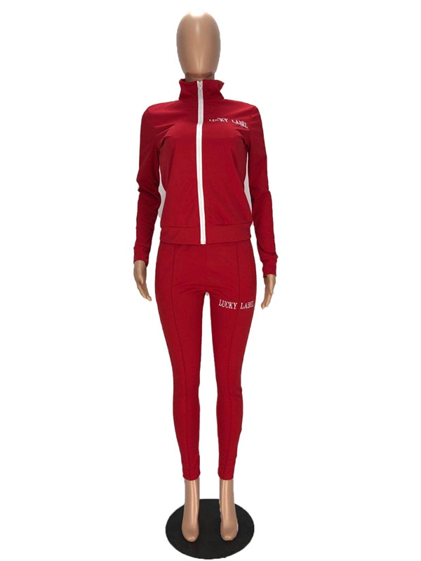 Lucky Label 2 Piece Set Women Sportwear striped Outfits Zip Top Leggings Pants Matching Set