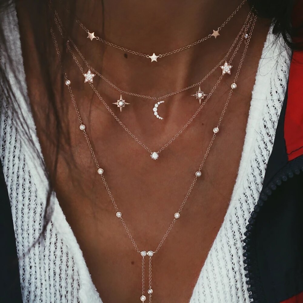 Vintage Crystal Geometry Star Moon Lock Necklace For Women Boho Multi-level Pendants Necklaces Chokers Jewelry: NE-0458-11