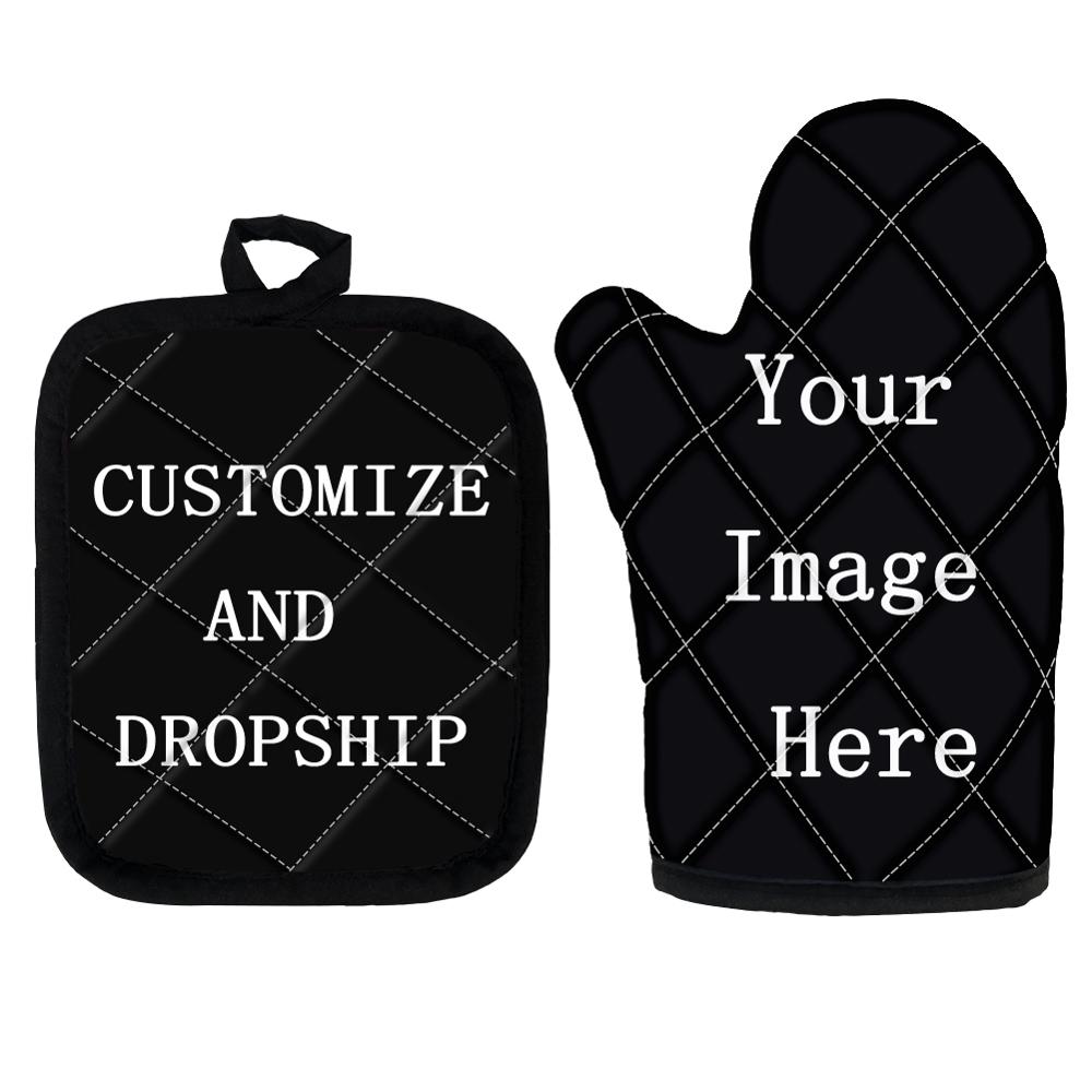 High Heat Protect Gloves Cute Cartoon Cat Print Polyester Microwave Oven BBQ Mitt Potholder Kitchen Mittens and Pad for Cooking: Customize-D19
