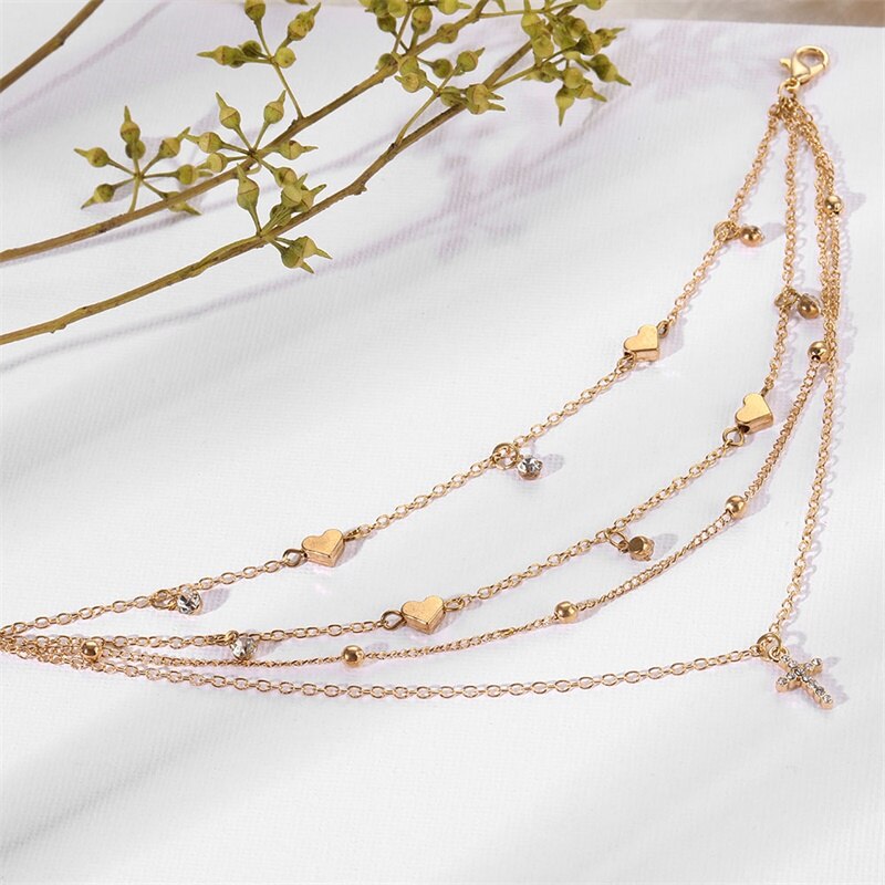 Bracelet de cheville croisé en cristal doré pour femmes, bijoux d&#39;été, multicouches, chaîne de pied, accessoires de plage