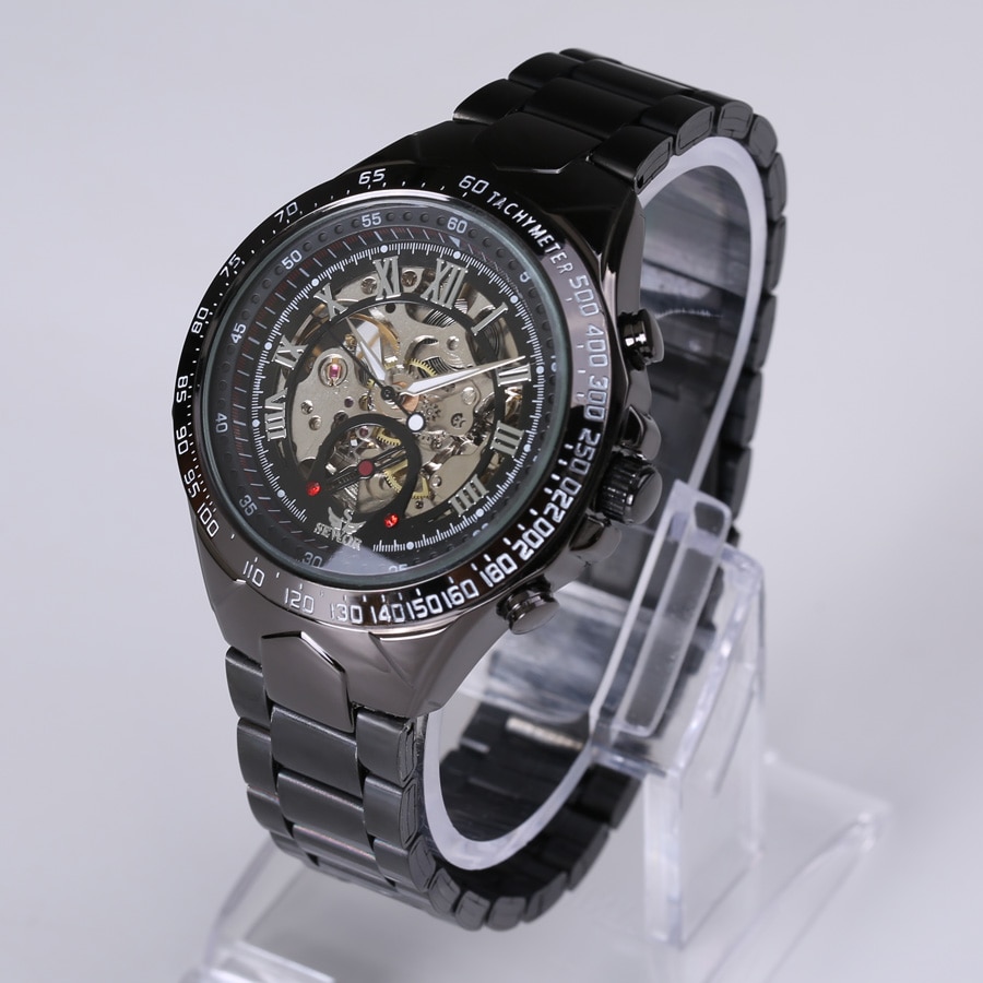 Sewor Top Horloge Mannen Zwarte Sport Horloges Roestvrij Staal Automatische Mechanische Horloges Mannen Skelet Horloge Reloj Hombre