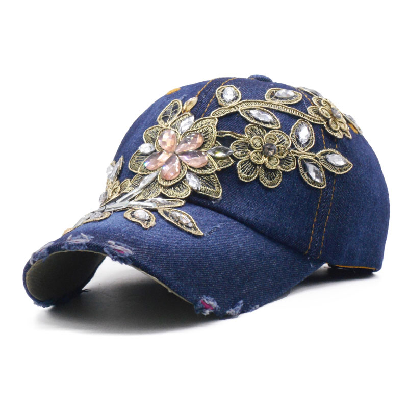 Denim rhinestone kvinders baseball cap vintage luksus blomstermønster gorras kvindelig glas diamant hat: 5