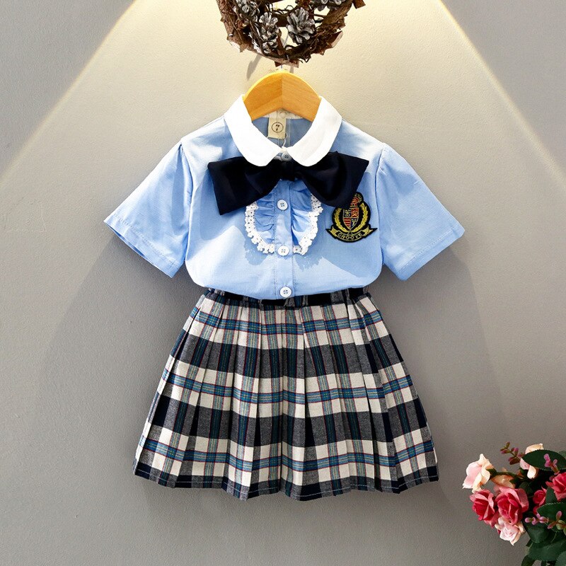 90-130cm Japanese Korean Style Plaid Student Girls School Uniform 2PCs Tops Skirt/shorts Clothing Set Dance Performance