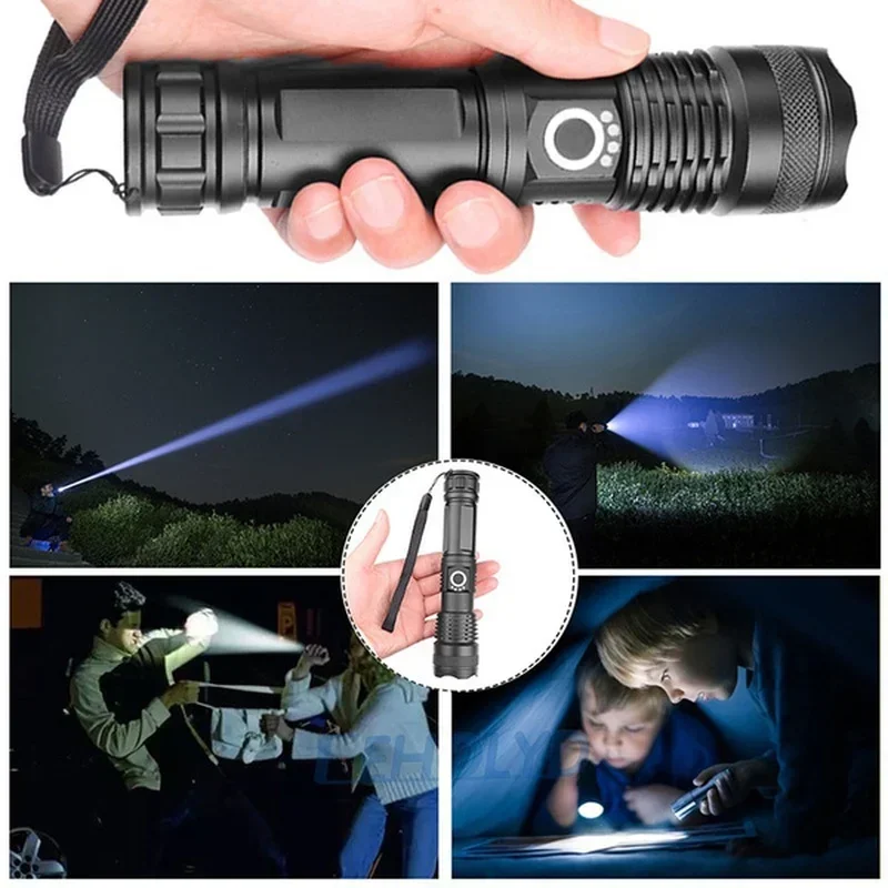 Højtydende xhp 100 led-lommelygte genopladelig 4 -kernet zoom-usb-håndlygte til camping, udendørs brug og nødsituationer