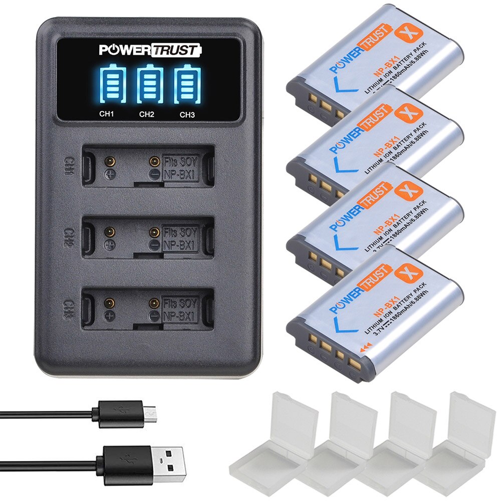 Powertrust NP-BX1 1860 Mah NP-BX1 Batterij En Led 3Slots Lader Voor Sony NP-BX1 HDR-AS200V HDR-AS30 HDR-AS300 HDR-AS50 HDR-CX240: 4Battery and Charger