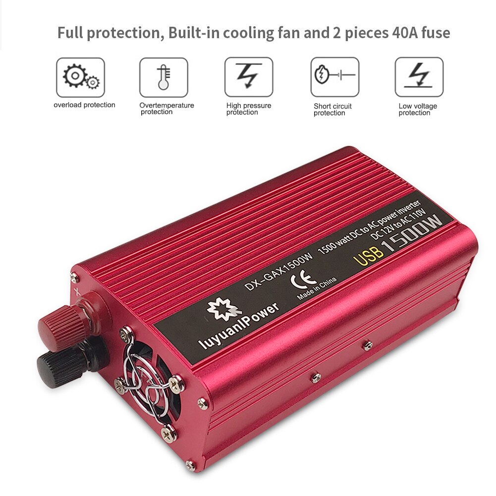 Car Inverter 1500W DC 12V to AC 110V/220V 230V dual 3.1A USB Charging Adapter Converter Universal US Socket Solar Power