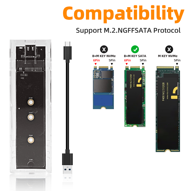 M.2 NVME PCIe NGFF SATA Dual Protocol SSD Case Clear USB Type C 10Gbps PCI-E M2 SSD Transparent External Enclosure Hard Disk Box: Silver