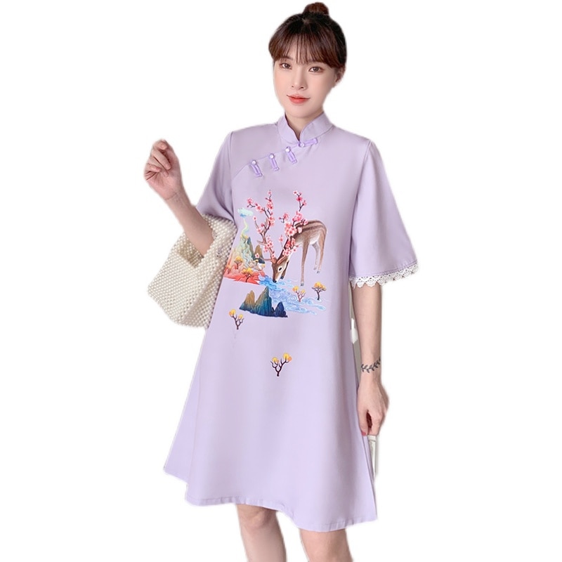 Plus Size M-4XL Year Purple Loose Modern Cheongsam Dress Women Short Sleeve Qipao Traditional Chinese Clothes