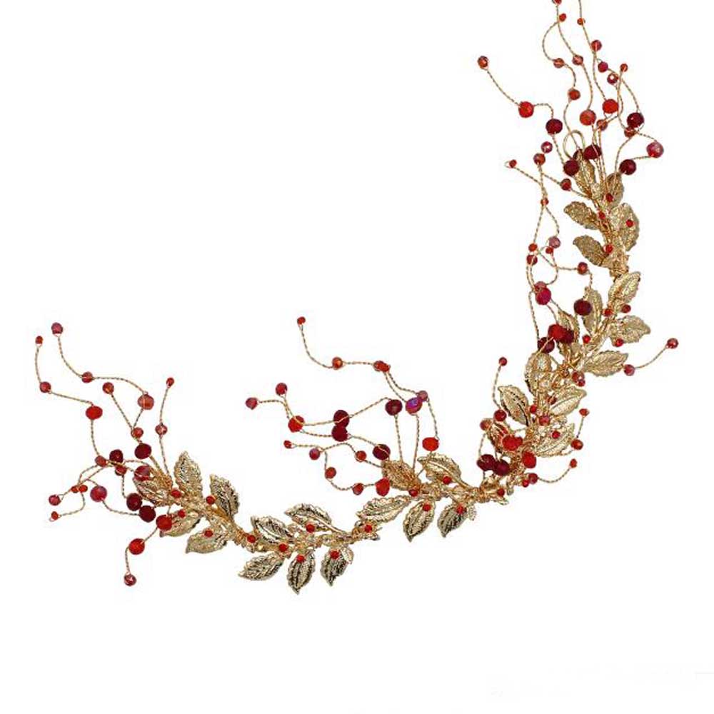 Crystal Wedding Red Beads Leaf Headband Hair Vine Gold Bridal Headpiece, Flower Hair Accessories for Brides Bridesmaid