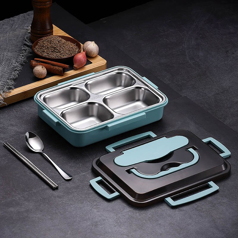 WORTHBUY Japanese Lunch Box For Kids 18/8 Stainless Steel Bento Box With Compartments Tableware Kitchen Food Storage Container: 4 Grids Blue