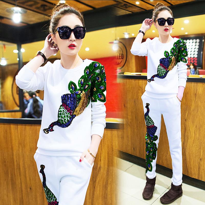 Spring Women's Casual Suits Female Peacock Phoenix Sequins Tracksuits Clothes Woman 2 Piece Set Plus Size