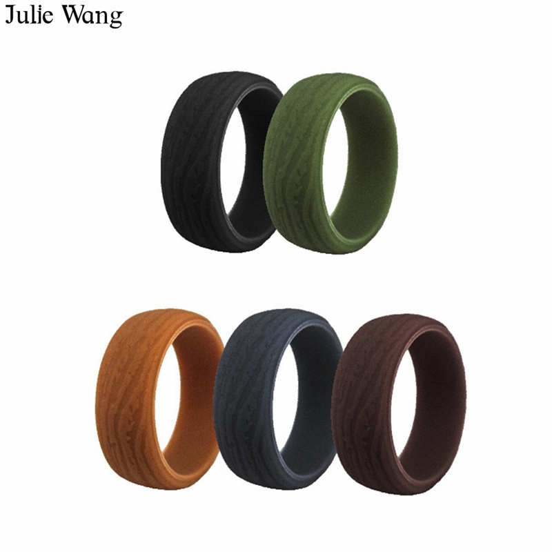 Julie Wang 5PCS 8.7mm Wood Grain Silicone Men Ring Mixed 5 Colors Party Sports Wedding Party Cocktail Rings