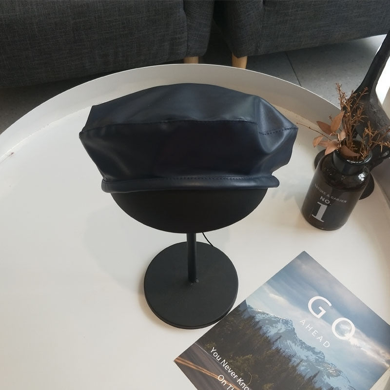 Vrouwen Casual Solid Pu Leer Baret Hoed Mode Vrouwen Herfst Winter Retro Beanie Caps Mode Baret cap: Navy Blue