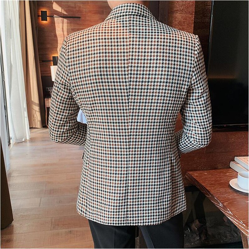 British Style Mens Slim Fit Houndstooth Blazer Men 2022 Simple Double Breasted Business Office Wedding Dress Suit Jacket