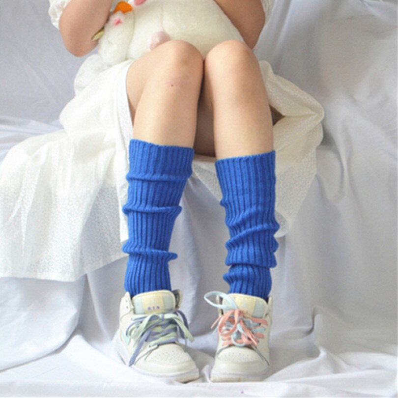 Calentadores de piernas para niña, calentadores de lana con bola tejida para pies, para otoño e invierno, para mujer, estilo japonés: Azul