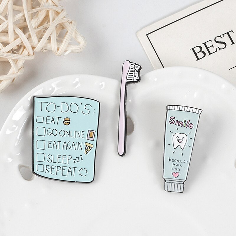 1 stücke Zu tun Liste Zahnbürste Zahnpasta Stift Lächeln Zahn essen Pizza Burger Revers Stift Zahnarzt Broschen