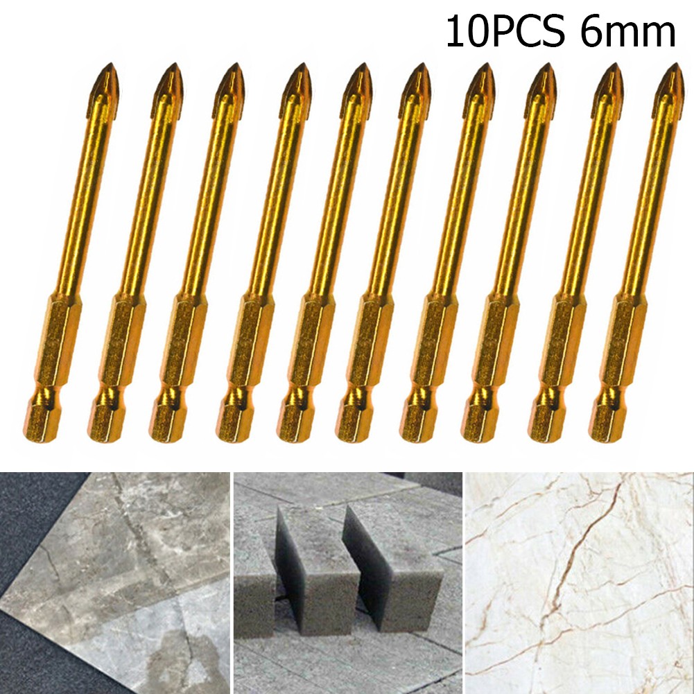 5/10pcs 6mm Hex Shank Golden Cross Bits Titanium Coated Ceramic Tile Marble Glass Drill Bits Spear Head For Metalworking