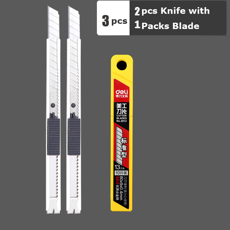 Deli Retractable Stationery Utility Knife Small Box Cutter Art Knife 9MM Blades,Auto Lock Carbon Steel Sharp нож School Supplies: 2Silver 1Box Blades