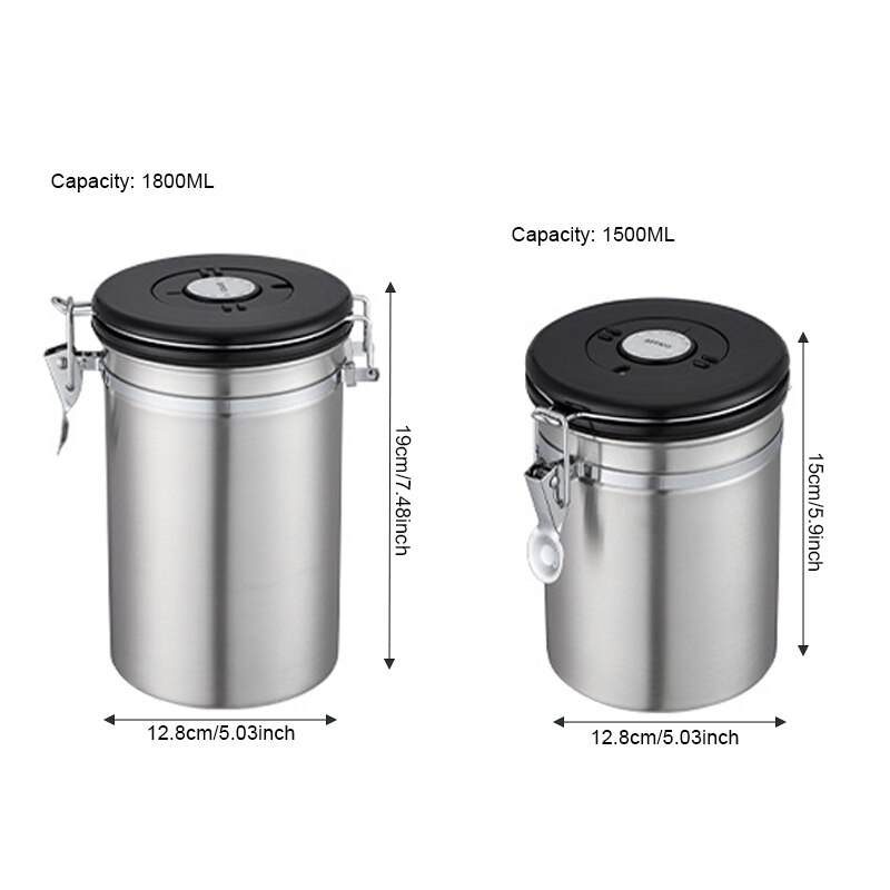 Stainless Steel 1500ml/1800ml Coffee Container - Coffee Beans Canister with co2 Valve