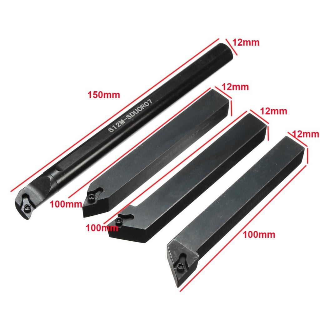 Set Of 4pcs 12mm Metal Lathe Turning Tool Holder Boring Bar Set W/ Wrench