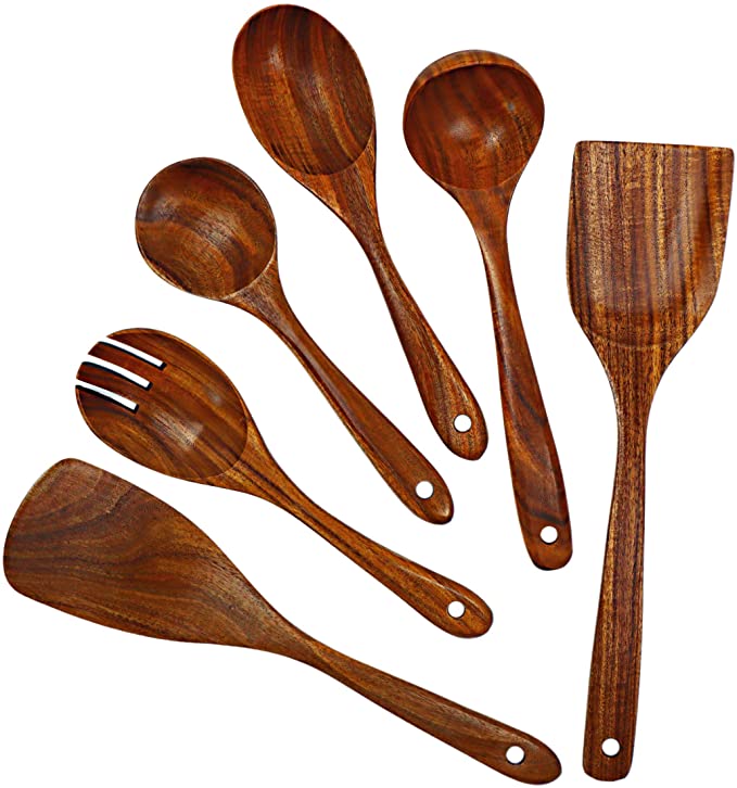 1-9 unids/set juego de utensilios de cocina de madera, cucharas de madera para cocinar, utensilios, cucharas de madera de teca Natural para de sartén antiadherente