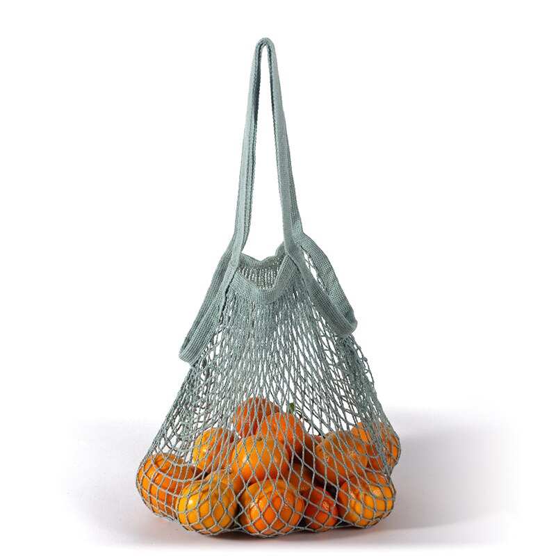 Neue Wiederverwendbare Taschen für Obst Gemüse Tasche Baumwolle Gittergewebe Schnur Organizer Handtasche Kurze/Lange Griff Netz Einkaufen Taschen tote: grau Blau-lang