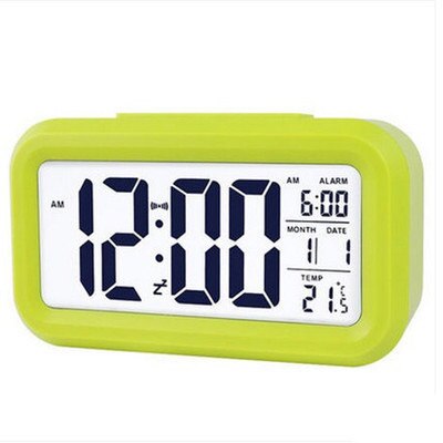 Batteri digitalt vækkeur elev ur stort lcd display snooze børn ur lyssensor natlys kontor bord ur: Grøn