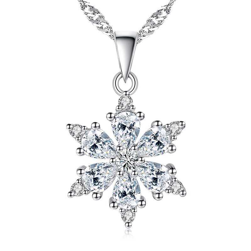 Neue 925 Silber Überzogene Frauen Halsketten Glück Schneeflocke Anhänger Zirkon Schlüsselbein Kette Schmuck Länge 45CM: Ursprünglich Titel