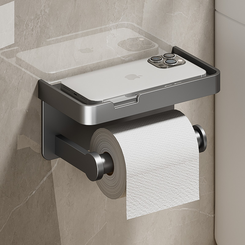Portarrollos de pared grande con bandeja de almacenamiento, organizador de inodoro, soporte para teléfono, accesorios de baño
