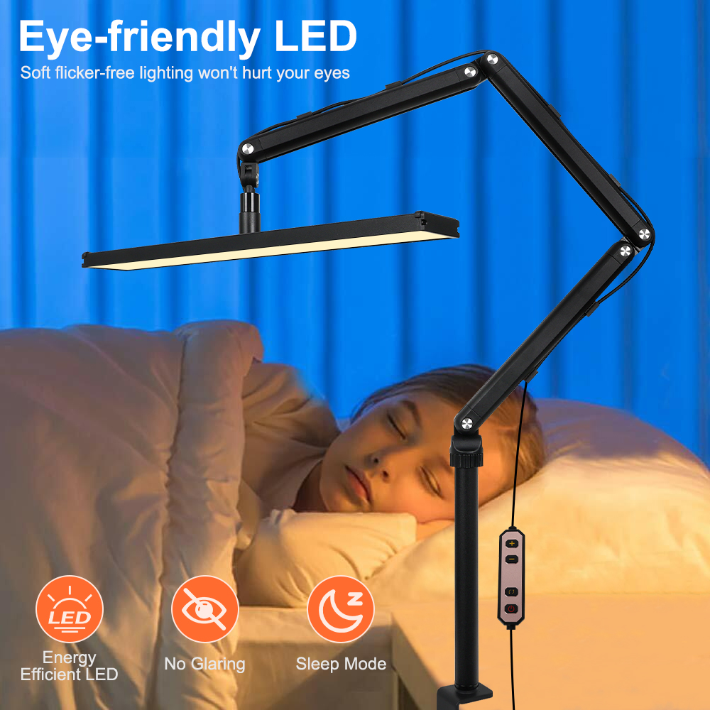 Lampada da scrivania a LED 3000K-6000K con morsetto 1400LM Lampada da banco da lavoro con braccio oscillante in metallo luminoso e accattivante per gli occhi Doppio adattatore/porta USB per ufficio