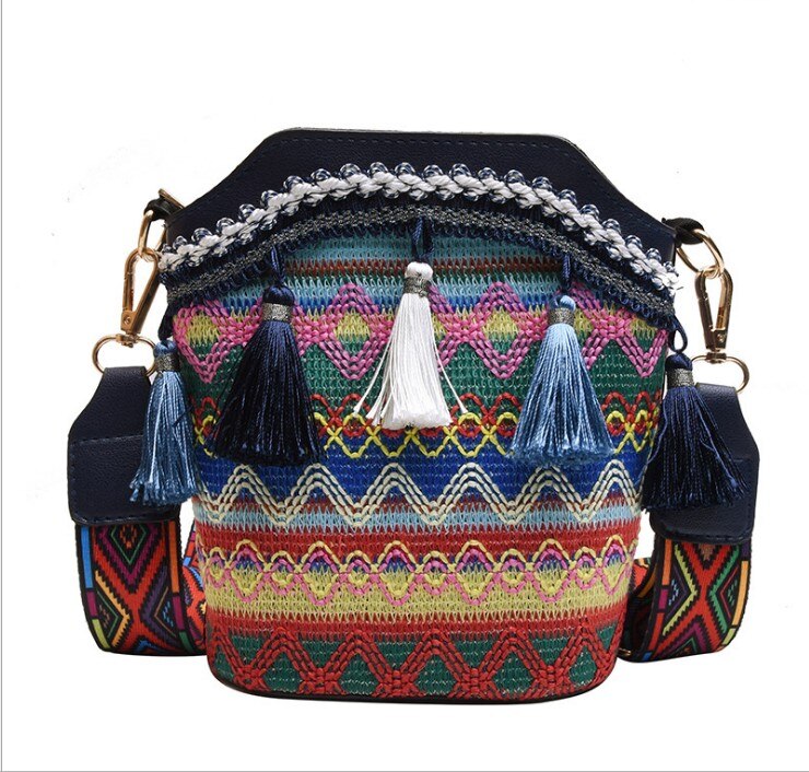Hmong Vintage Ethnic Shoulder Bag Embroidery Boho Hippie Tassel Tote Messenger Beach Shoulder bag: Navy Blue