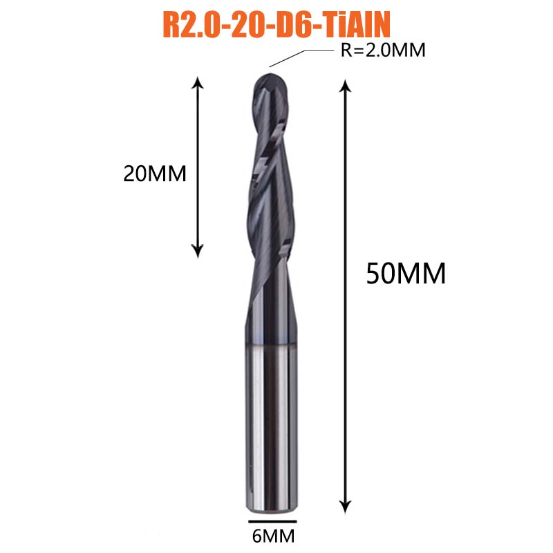1 Pcs Tungsten Vhm Gecoate Taper Ball Nose Cnc Frezen Frezen Voor Hout En Snijders Voor Metalen end Mill: R2.0-20-D6