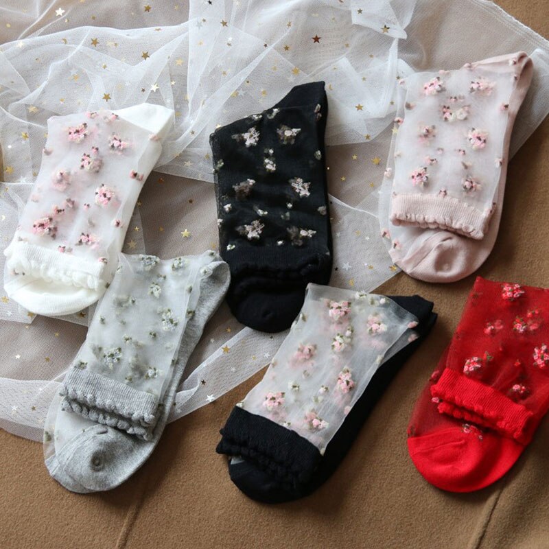 Chaussettes courtes élastiques à fleurs de Rose pour filles, chaussettes d'été respirantes Ultra fines en dentelle transparente, chaussettes en cristal pour femmes