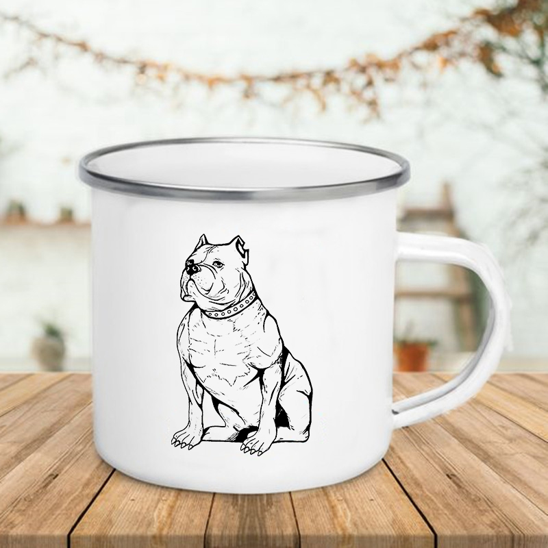 Taza de esmalte con estampado de Bulldog, tazas creativas para café, té, desayuno, leche, Camping, con asa, para amantes de los perros: XH2215-A015WH-8