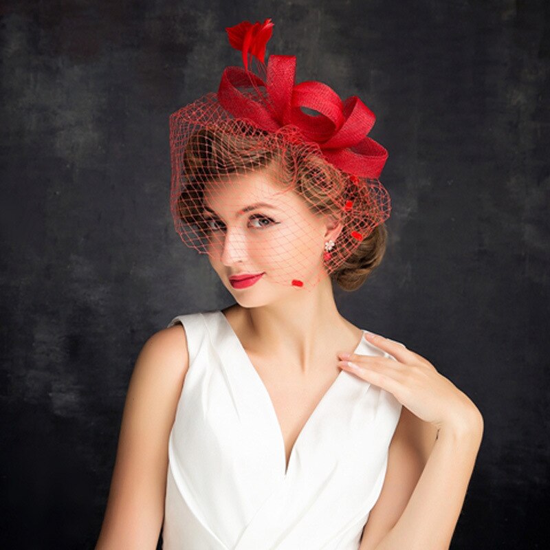 Red Wedding Birdcage Veil Face Veils Bow Net Mesh Bridal Veils Fascinator Red Veil Velo De Rejilla Accesorios De Boda