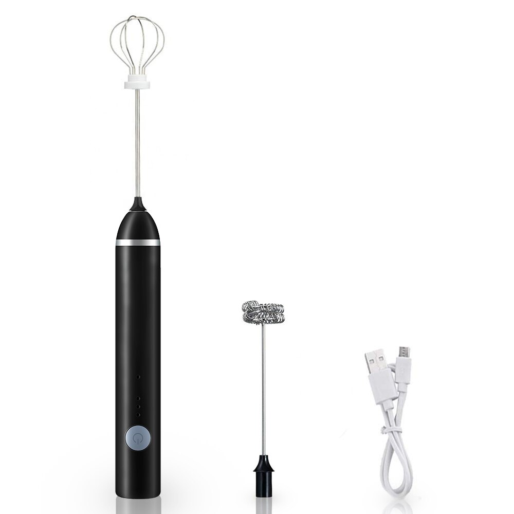 Milk Frother Electric Coffee Mixer With 2 Whisks Rechargeable Handheld Eggbeater Mix Machine Household Kitchen Egg Beater: Black
