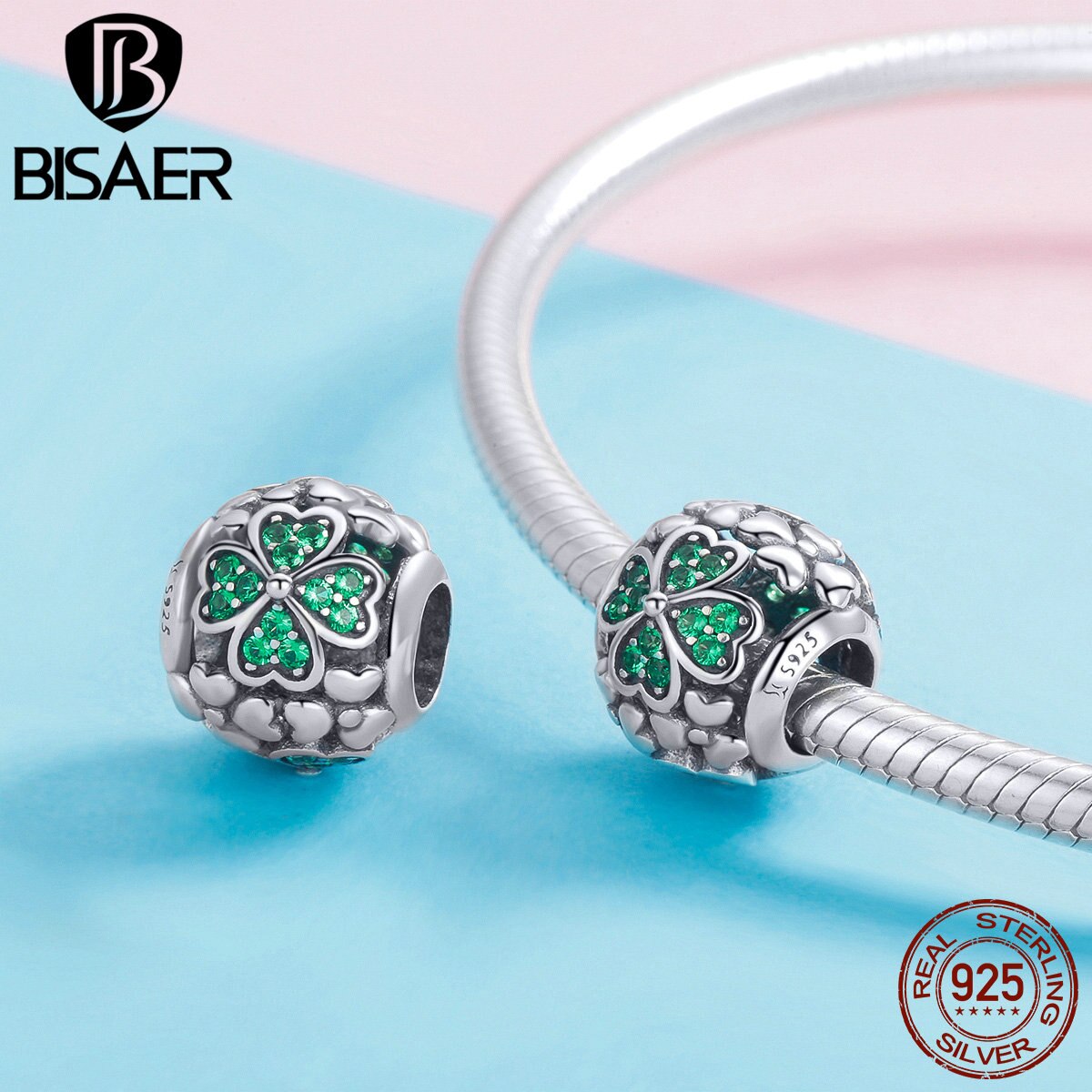 BISAER 925 argent Sterling vert espoir feuilles trèfle Shamrock perles breloque fit perles bricolage en argent Sterling 925 fabrication de bijoux ECC964