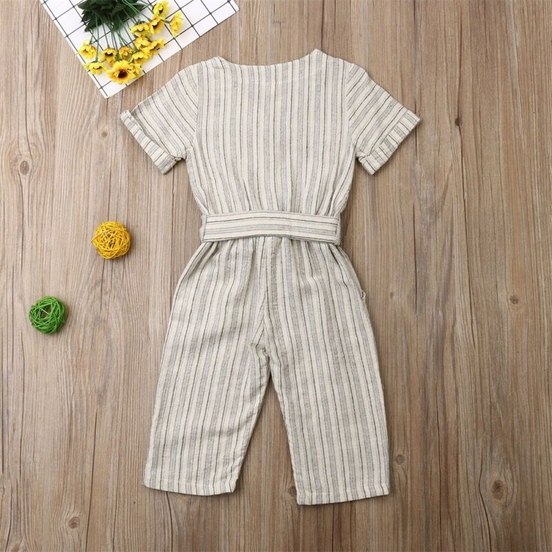 2-7Y Summer Baby Kids Child Girl Stripe Romper Short Sleeve Single Breasted Jumpsuit Clothes Outfit One-Piece