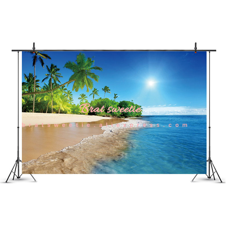 7x5ft Hawaiian Party Summer Beach Backdrops for Photography Vinyl Blue Sea and Sky Background Palm Trees Photo Backdrop