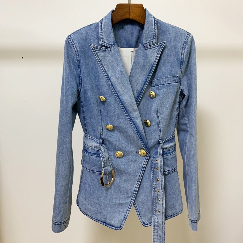 Höst klassisk denim kostym för kvinnor dubbel breasted jean blazer jacka toppar kvinnor casual långärmad med bälte denim rock: M