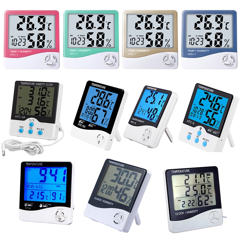 LCD Digital Temperature Humidity Meter Home Indoor Outdoor hygrometer thermometer Weather Station with Clock HTC-1