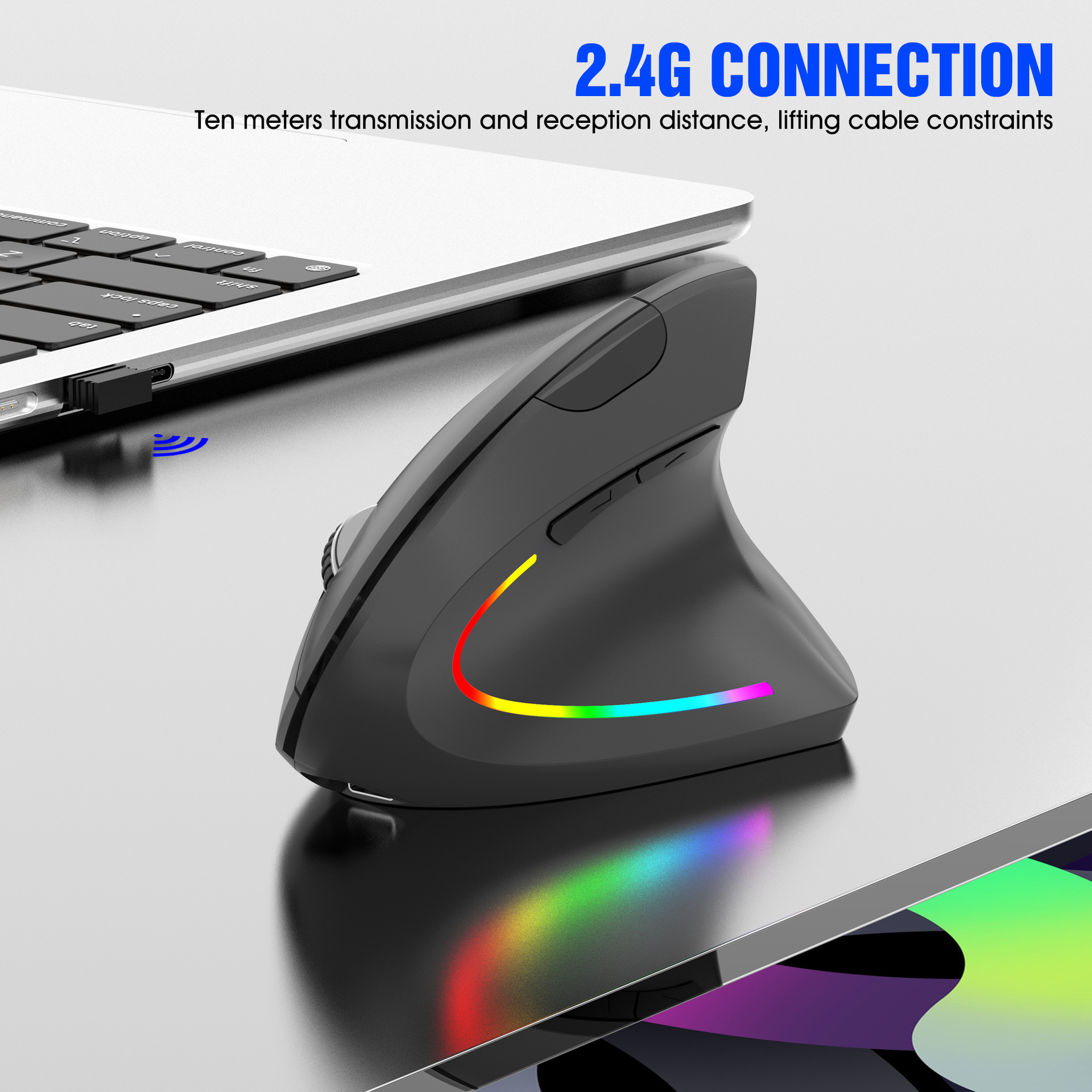 Wireless Vertical Mouse Bluetooth 2.4G Dual Mode 6 Keys Ergonomic 2400 DPI RGB Backlight Type C Muted Click Gaming H1