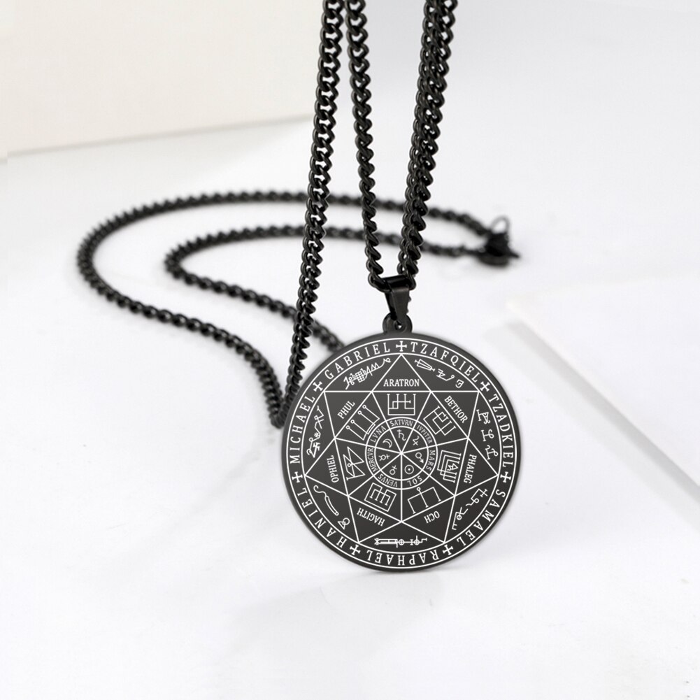 Wicca 7 Archanges Sceau Charme Colliers Hommes Femmes Witchcra Pentagramme Pendentif Surnaturel Amulette Magique Protection Talisman: 7 Archanges Black