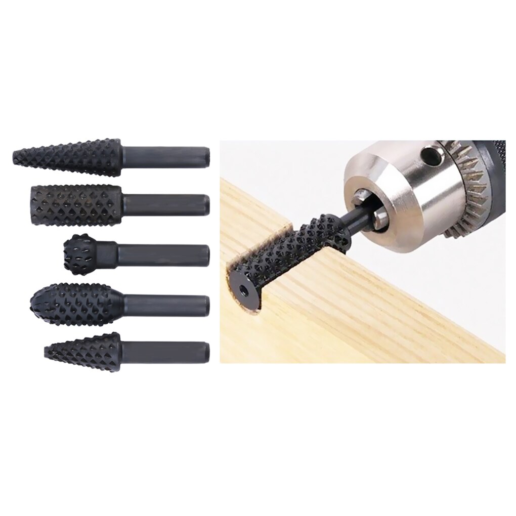 5 Pcs Rotary Craft Files 1/4" Shank Rotary Rasp File Rasp Burrs Wood Bits Grinding Woodworking Hand Tool