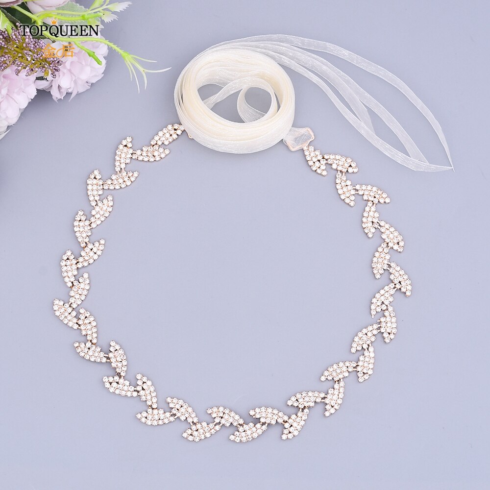 TOPQUEEN S198-G złoty pasek robić sukni ślubnej błyszczące stopu kryształ górski liście skrzydła kobiety diament akcesoria ślubne dla nowożeńców impreza pas: Organza kość słoniowa