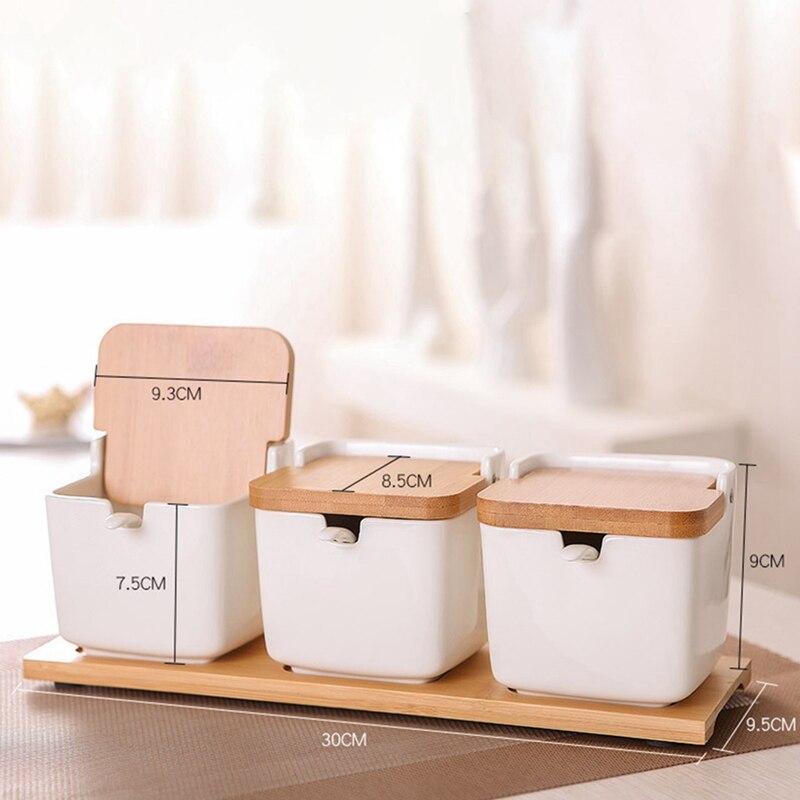 Set Van Keramische Kruiden Rack Spice Potten Kommen Met Lepel & Porselein Doos En Bamboe Cover-Opslag Container