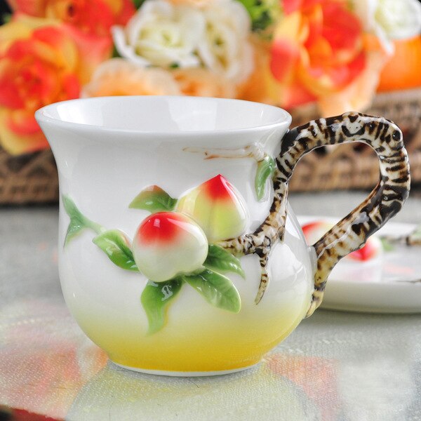 Peach Coffee Cup Colored Enamel Porcelain Bone China Tea Cups With Saucer And Spoon Caneca Copo 185ml