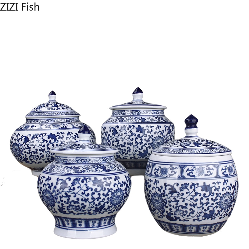 Håndværk keramiske vaser runde opbevaringskrukke te caddy klassisk malet blå og hvid porcelæn bordplade vase vintage hjem indretning